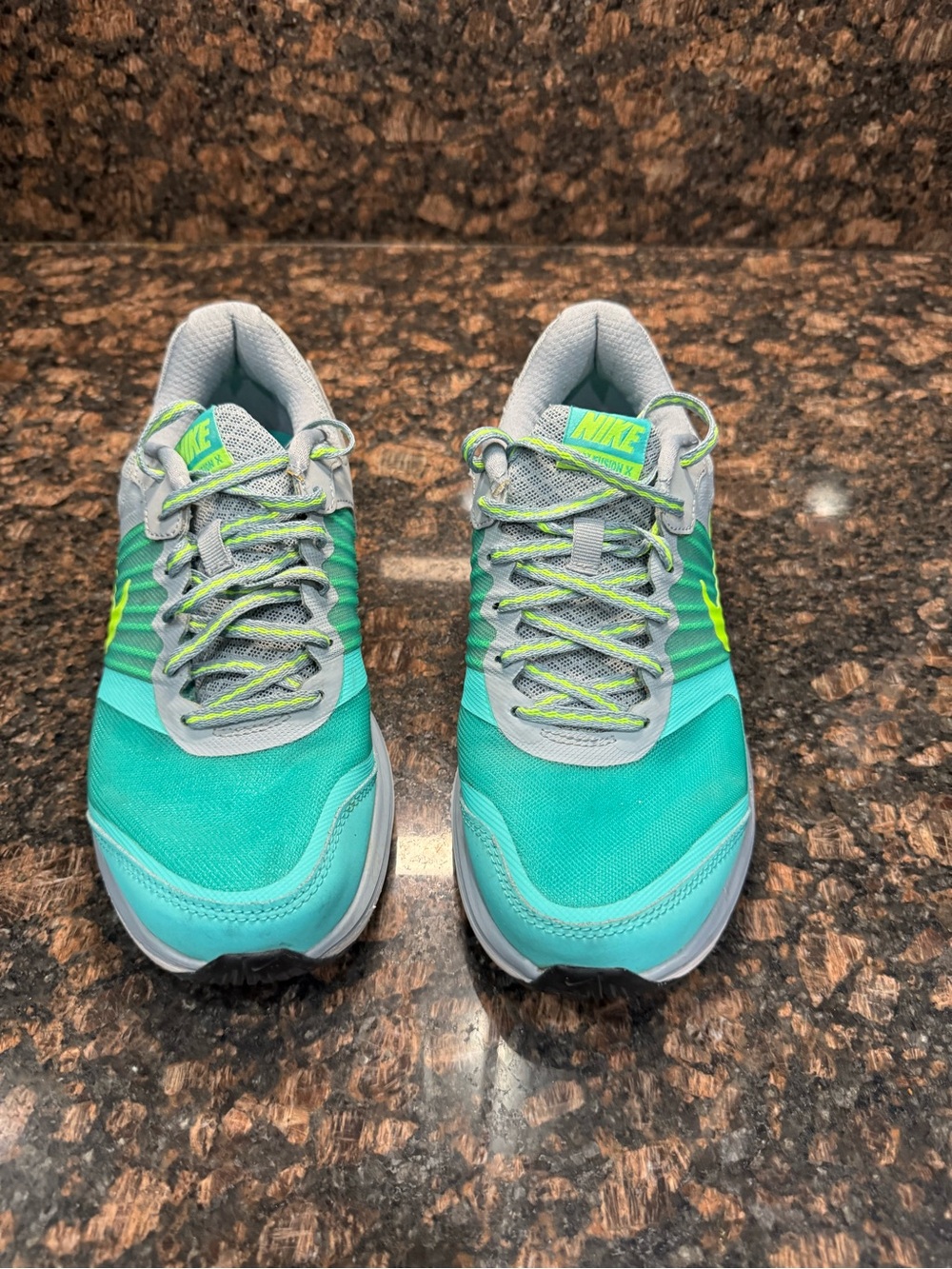 Nike Women's Teal and Gray Running Sneakers with Neon Green Accents